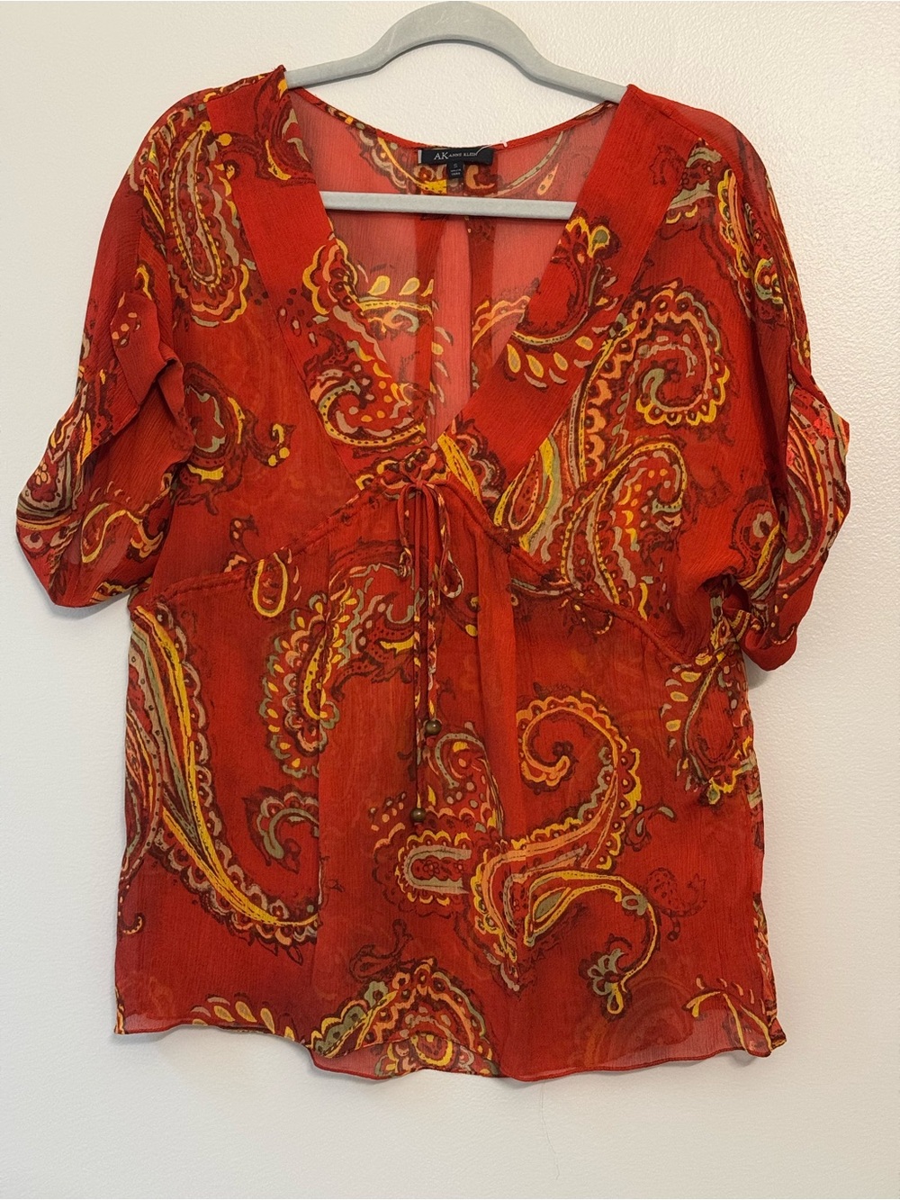 Anne Klein Red Paisley Tie-Front Blouse with Yellow Accents